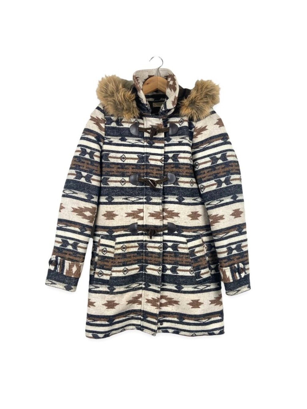 Altar'd State Woven Aztec Print Hooded Coat Women's Size Small Brown Black Beige